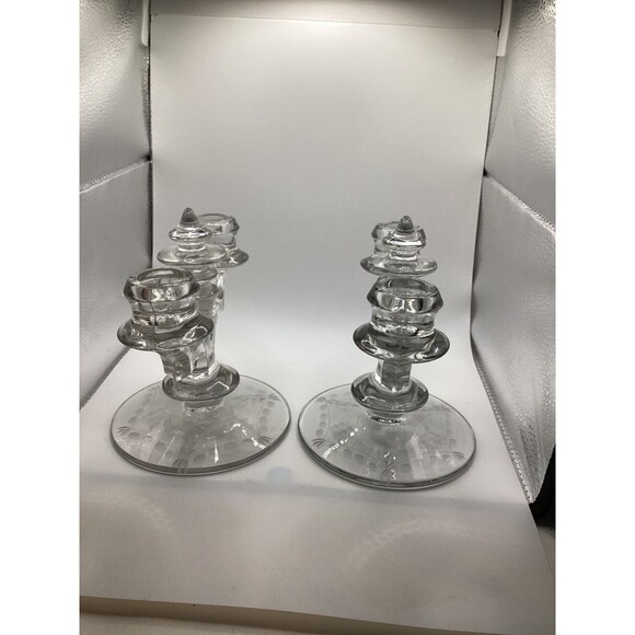 Set of 2 Vintage Heisey? Art deco MCM Trident Candle Holder Glass - Picture 3 of 3